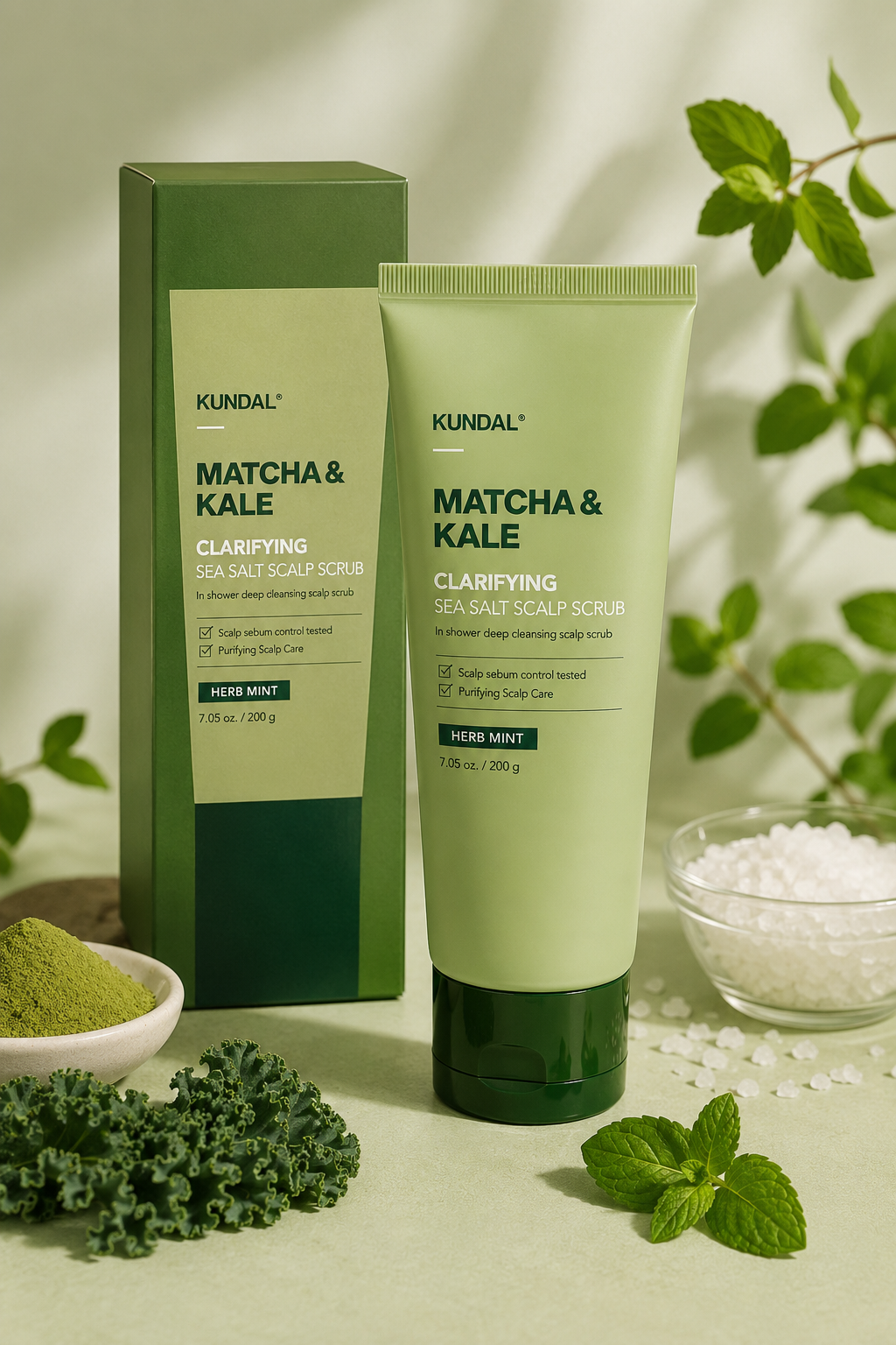 KUNDAL Matcha & Kale Clarifying Sea Salt Scalp Scrub Herb Mint – 200 g